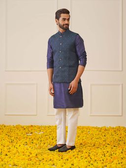Jompers - Navy Blue Men Silk Blend Woven Design Nehru Jacket with Solid Kurta Pyjama