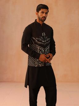 Jompers - Black Embroidered Nehru Jacket With Solid Kurta Pyjama