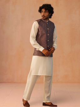 Jompers - Purple Men's Purple Silk Blend Nehru Jacket with Solid Kurta Pyjama