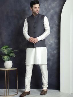 Jompers - Grey Men's Solid Nehru Jacket with White Kurta and Churidar