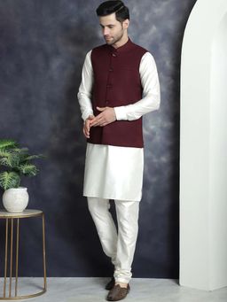 Jompers - Maroon Men's Solid Nehru Jacket with White Kurta and Churidar