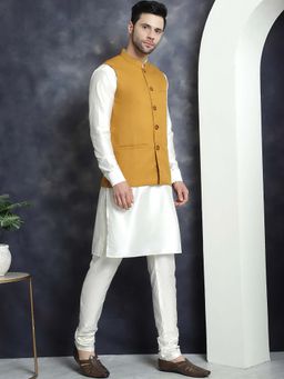 Jompers - Mustard Men's Solid Nehru Jacket with White Kurta and Churidar