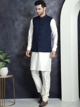 Jompers - Navy Blue Men's Solid Nehru Jacket with White Kurta and Churidar