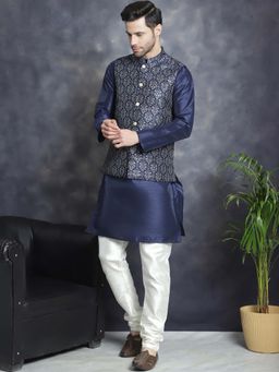 Jompers - Navy Blue Men's Printed Nehru Jacket with Kurta Pyjama