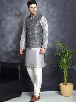 Jompers - Black Men's Printed Nehru Jacket with Kurta Pyjama