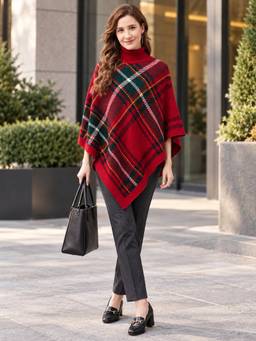 Modeve - Womens Red Checks Poncho