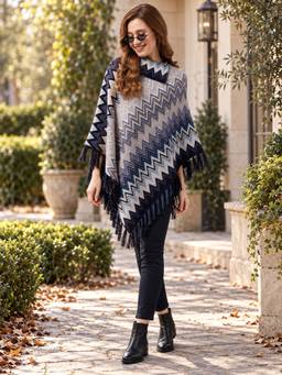Modeve - Womens Navy Blue Self Design Poncho