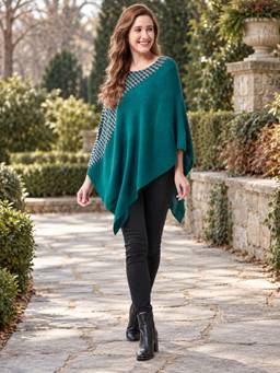 Modeve - Womens Teal Self Design Wool Poncho