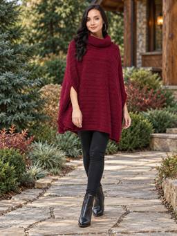 Modeve - Womens Wine Cable Knit Poncho