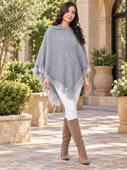 Modeve - Womens Fuzzy Detail Grey Poncho