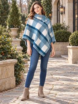 Modeve - Womens Teal Checks Acrylic Poncho