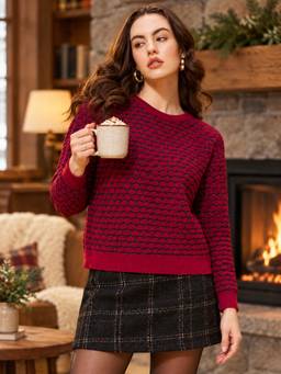 Modeve - Womens Maroon Self Design Round Neck Casual Sweater