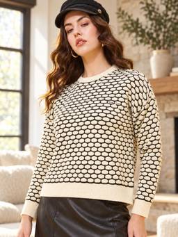 Modeve - Womens White Self Design Round Neck Casual Sweater