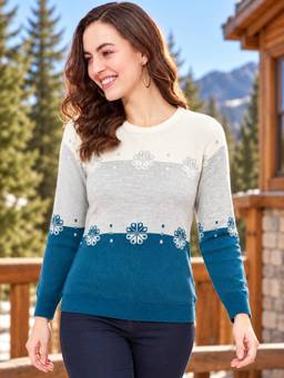 Modeve - Womens Teal Flower Print Round Neck Casual Sweater