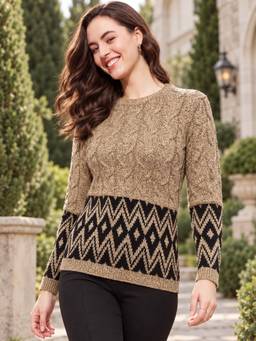 Modeve - Acrylic Blend Cable Knit Camel Round Neck Winter Sweater