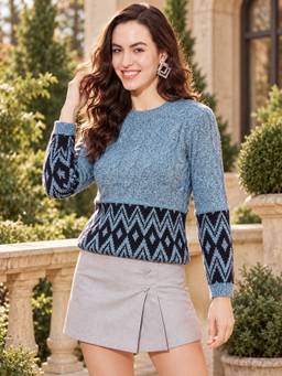 Modeve - Acrylic Blend Cable Knit Blue Round Neck Winter Sweater