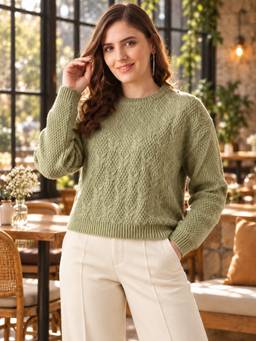 Modeve - Green Self Design Full Sleeves Crop Sweater