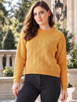 Modeve - Mustard Self Design Full Sleeves Crop Sweater