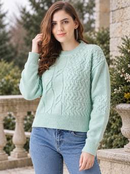 Modeve - Green Self Design Full Sleeves Crop Sweater