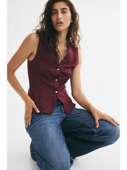 H&M - Women Red Linen-blend V-neck waistcoat