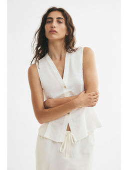 H&M - Women White Linen-blend V-neck waistcoat