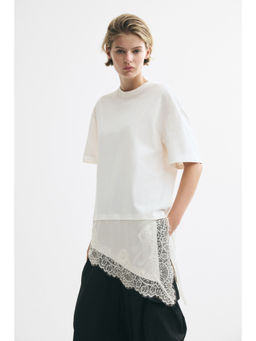 H&M - Women White Lace-trimmed asymmetric T-shirt