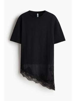 H&M - Women Black Lace-trimmed asymmetric T-shirt