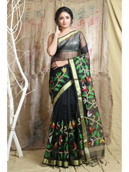 Arhi - Black Muslin Handwoven Soft Saree With Sequen Work & Zari Border with Unstitched