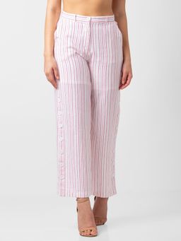 Spykar - Women Pink Cotton Blend Bootcut Fit Ankle Length Striped Pants