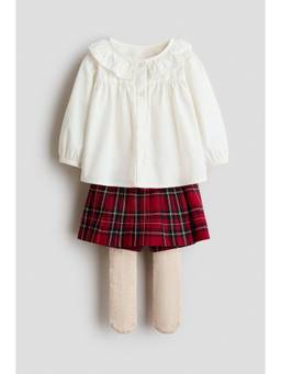 H&M - Girls White 3-Piece Blouse and Skort with Tights