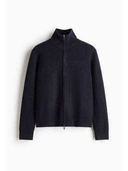 H&M - Men Navy Blue Regular Fit Rib-Knit Zip-Though Cardigan