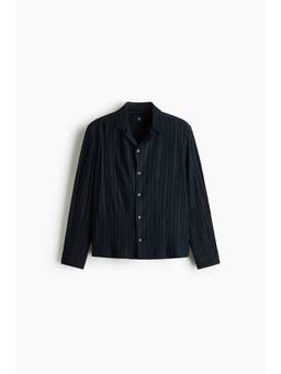 H&M - Men Navy Blue Relaxed Fit Textured-Weave Resort Shirt