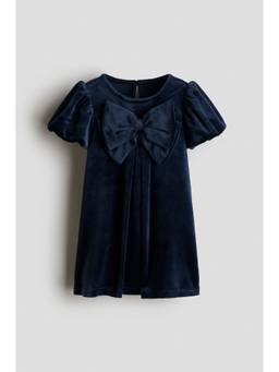 H&M - Girls Navy Blue Bow-Detail Velour Dress
