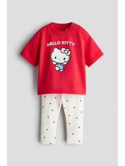H&M - Girls Red 2-Piece Printed Cotton T-Shirt and Leggings