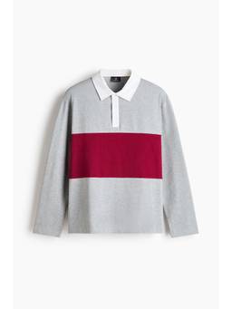 H&M - Men Grey Relaxed Fit Cotton-Blend Rugby Polo T-Shirt