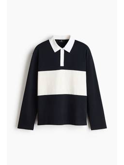 H&M - Men Navy Blue Relaxed Fit Cotton-Blend Rugby Polo T-Shirt