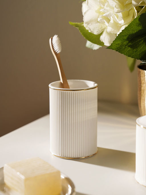 Pure Home + Living White Ribbed Porcelain Toothbrush Holder