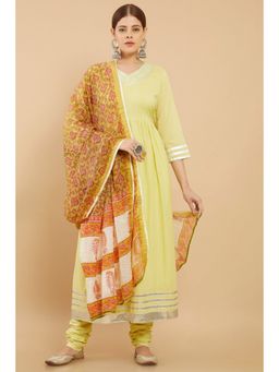 Soch - Women Yellow Cotton Solid/plain Suit (Set of 3)
