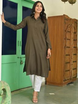 Lavanya The Label - Dark Grey Rayon Kurta With White Pants (Set of 2)