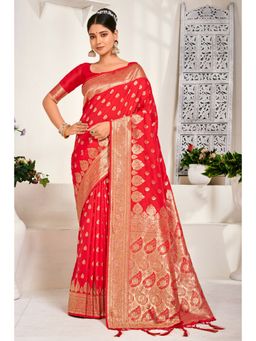 EXCLUSIVA - Red Banarasi Saree with Unstitched