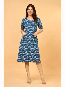 Anurang - Women Blue Ikat Printed Pure Cotton A-Line Midi Dress