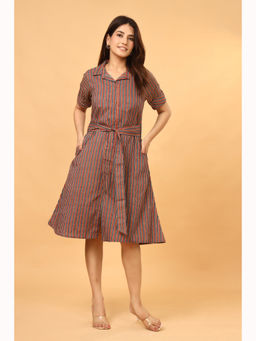 Anurang - Women Multi-Color Striped Pure Cotton Shirt Knee Length Dress with Tie-Up Belt