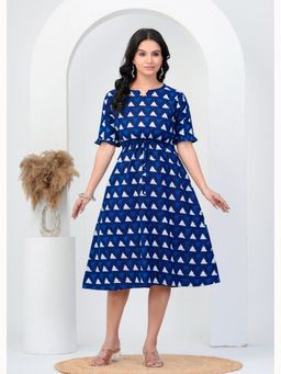Anurang - Women Blue Geometric Printed Cotton A-Line Midi Dress