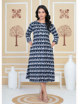 Anurang - Women Navy Blue Ikat Printed Pure Cotton A-Line Midi Dress