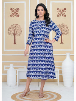 Anurang - Women Blue Ikat Printed Pure Cotton A-Line Midi Dress
