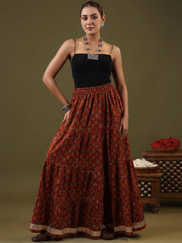 Rimeline - Women Rust Printed Pure Cotton Flared Skirt