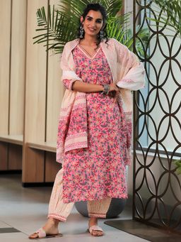 Libas - Pink Floral Printed Kurta and Salwar with Dupatta (Set of 3)