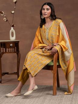 Libas - Mustard Silk Blend Printed Kurta Sets for Women