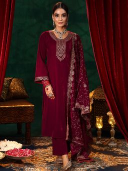 Libas - Red Velvet Yoke Design Kurta Sets for Women