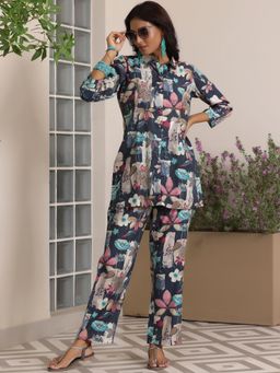 Libas - Navy Blue Floral Printed Shirt & Trouser Co-Ord (Set of 2)